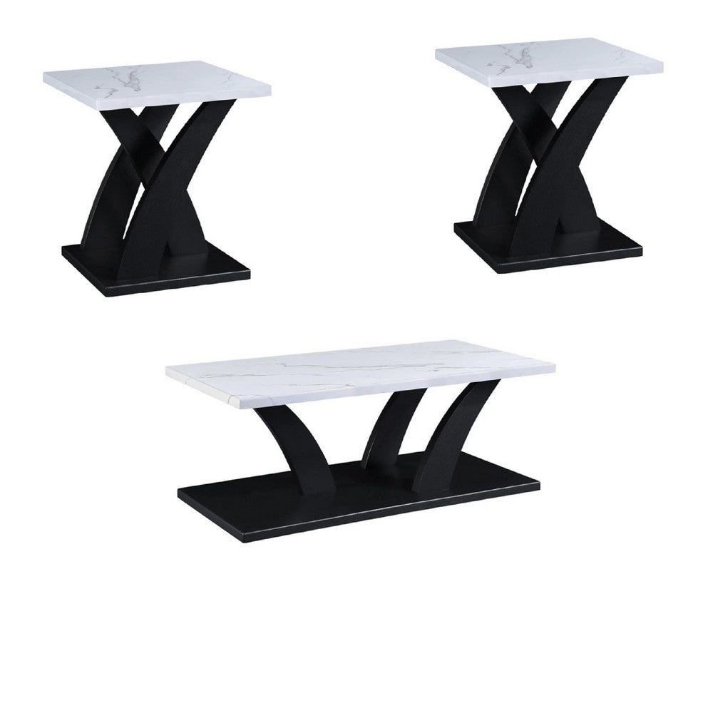 Zen 3pc Coffee and End Table Set | White Faux Marble | Black Legs