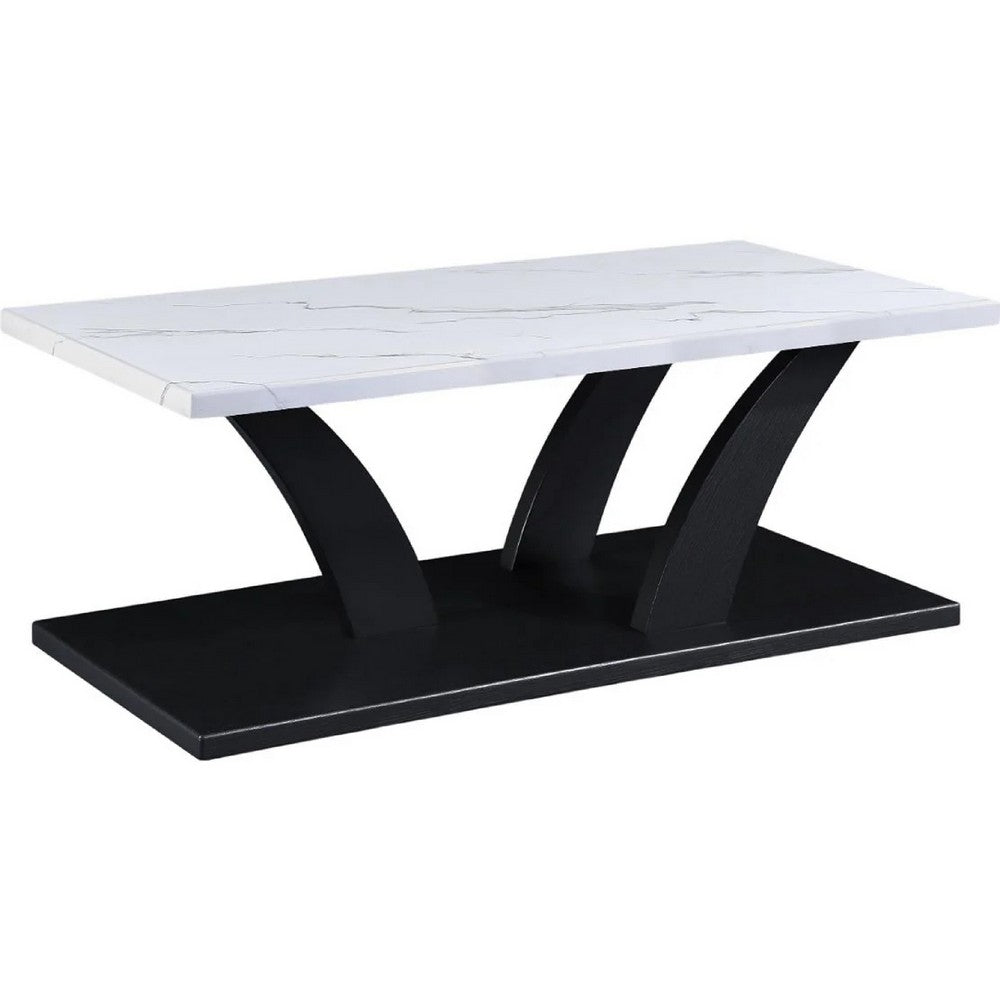 Zen 3pc Coffee and End Table Set | White Faux Marble | Black Legs