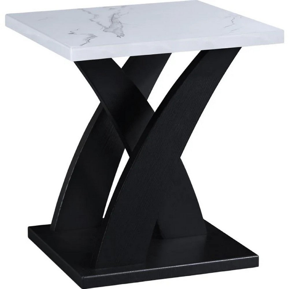 Zen 3pc Coffee and End Table Set | White Faux Marble | Black Legs