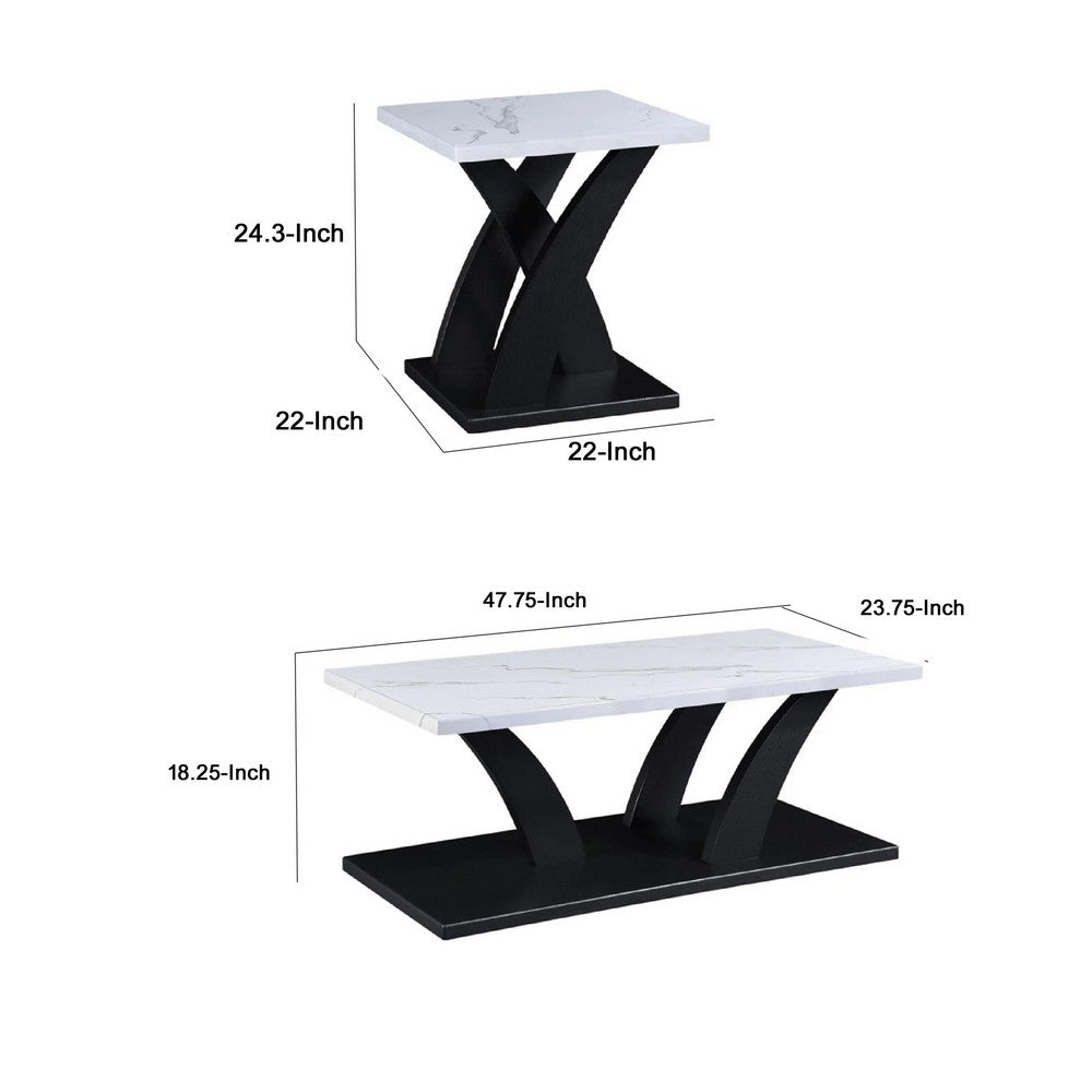 Zen 3pc Coffee and End Table Set | White Faux Marble | Black Legs