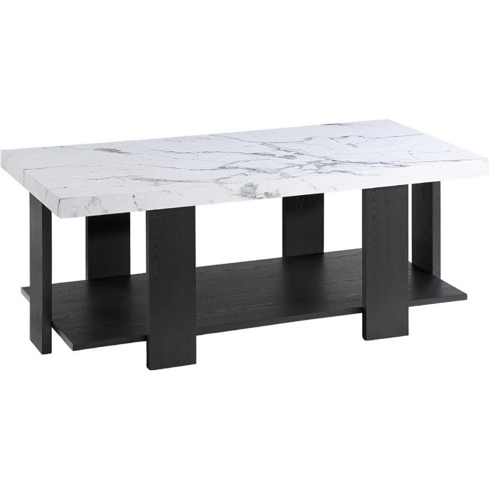Bexy 3pc Coffee and End Table Set | White Faux Marble Top | Black Shelf
