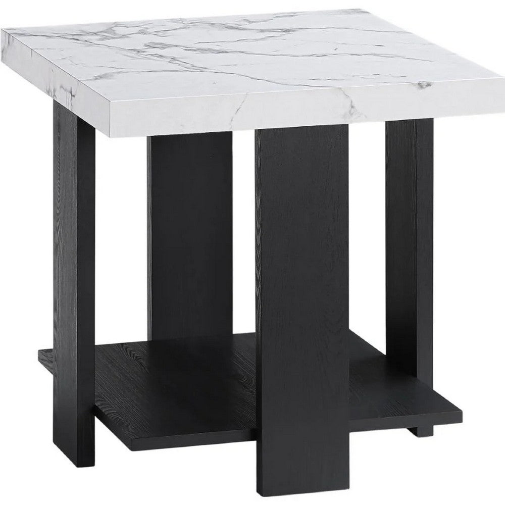 Bexy 3pc Coffee and End Table Set | White Faux Marble Top | Black Shelf