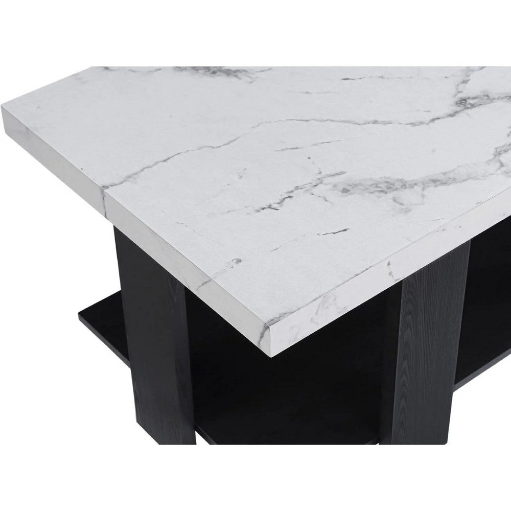 Bexy 3pc Coffee and End Table Set | White Faux Marble Top | Black Shelf