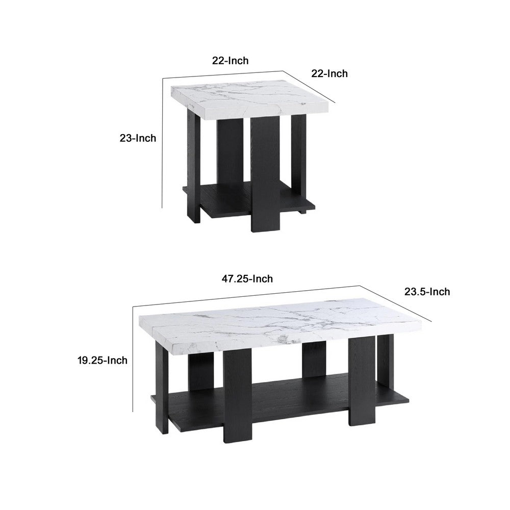 Bexy 3pc Coffee and End Table Set | White Faux Marble Top | Black Shelf