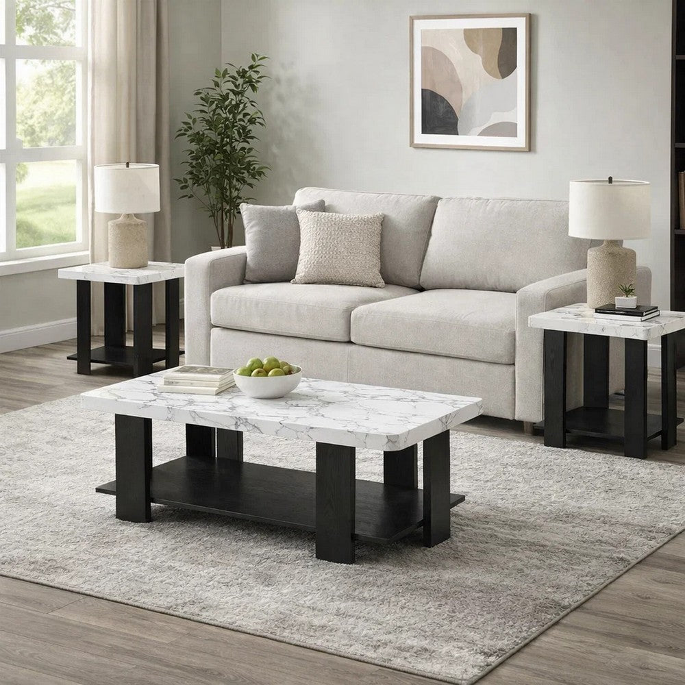 Bexy 3pc Coffee and End Table Set | White Faux Marble Top | Black Shelf