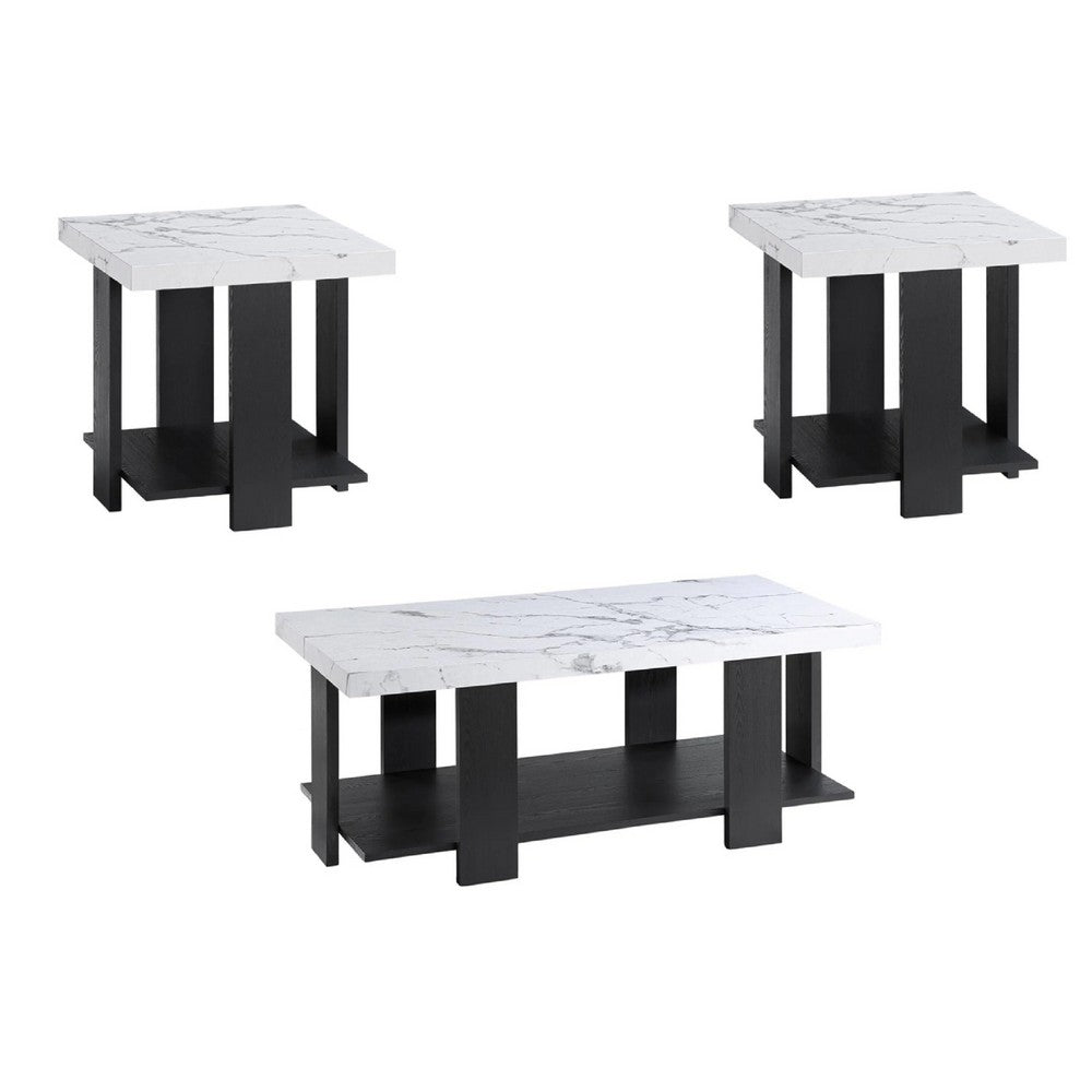 Bexy 3pc Coffee and End Table Set | White Faux Marble Top | Black Shelf