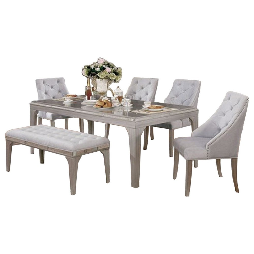 Jamie 6pc Dining Table Set w 4 Chairs & Bench | Silver-Light Gray