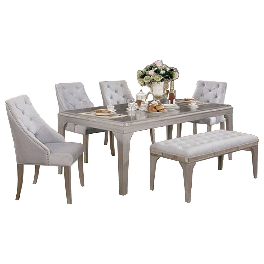 Jamie 6pc Dining Table Set w 4 Chairs & Bench | Silver-Light Gray