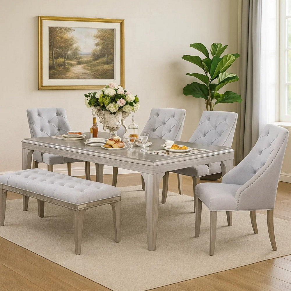 Jamie 6pc Dining Table Set w 4 Chairs & Bench | Silver-Light Gray