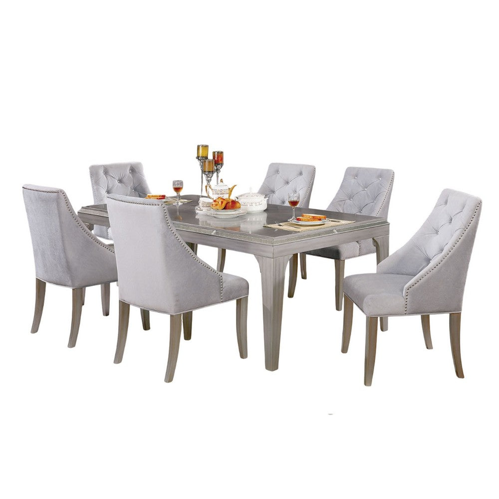 Jamie 7pc Dining Table Set | 6 Button Tufted Fabric Chairs | Silver-Gray