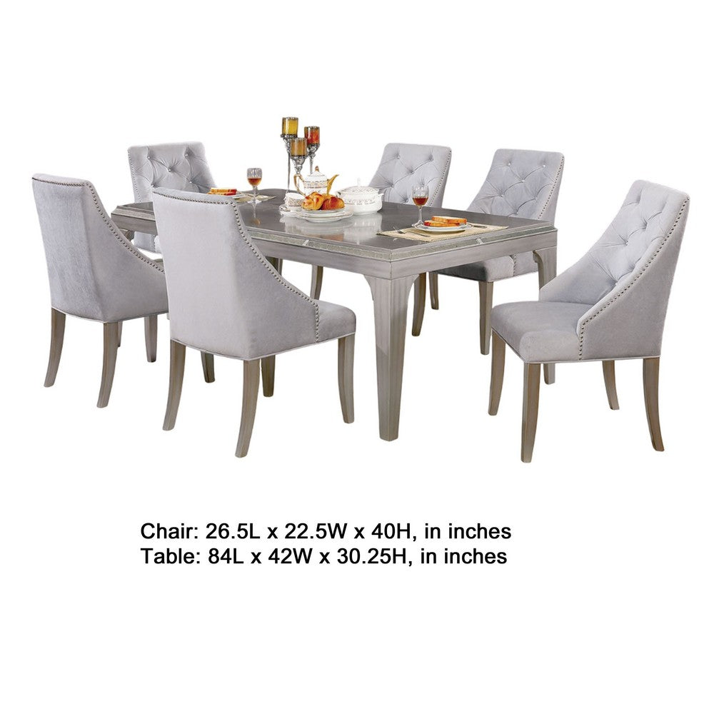 Jamie 7pc Dining Table Set | 6 Button Tufted Fabric Chairs | Silver-Gray