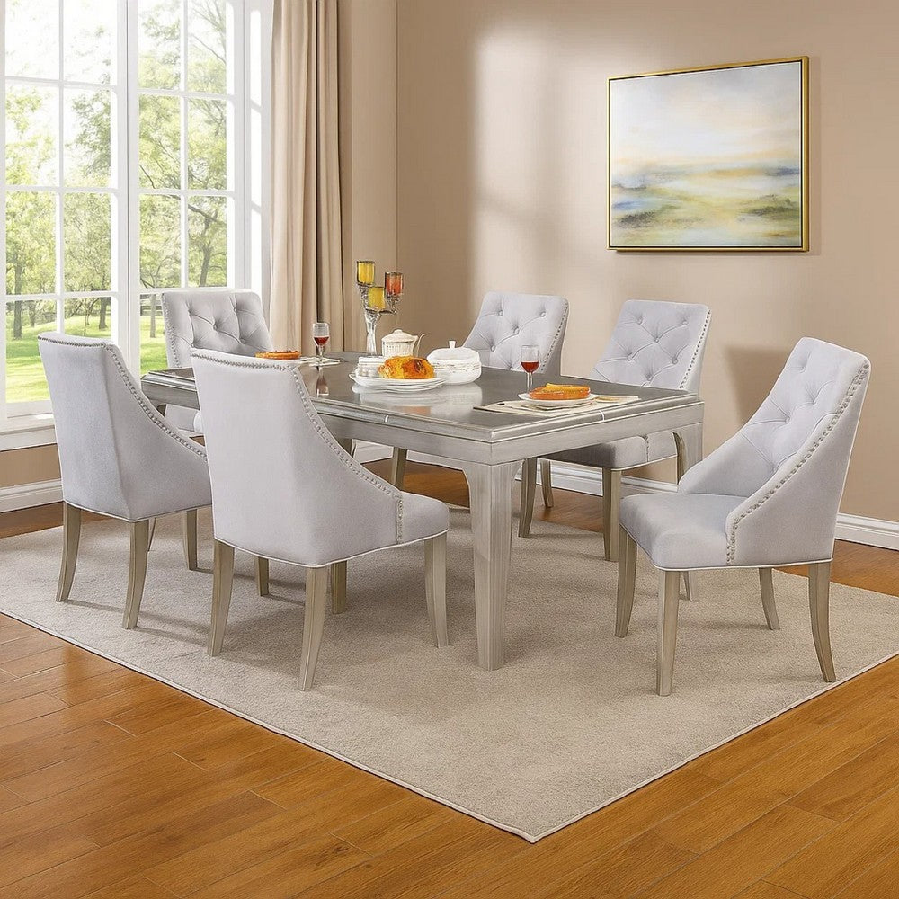 Jamie 7pc Dining Table Set | 6 Button Tufted Fabric Chairs | Silver-Gray