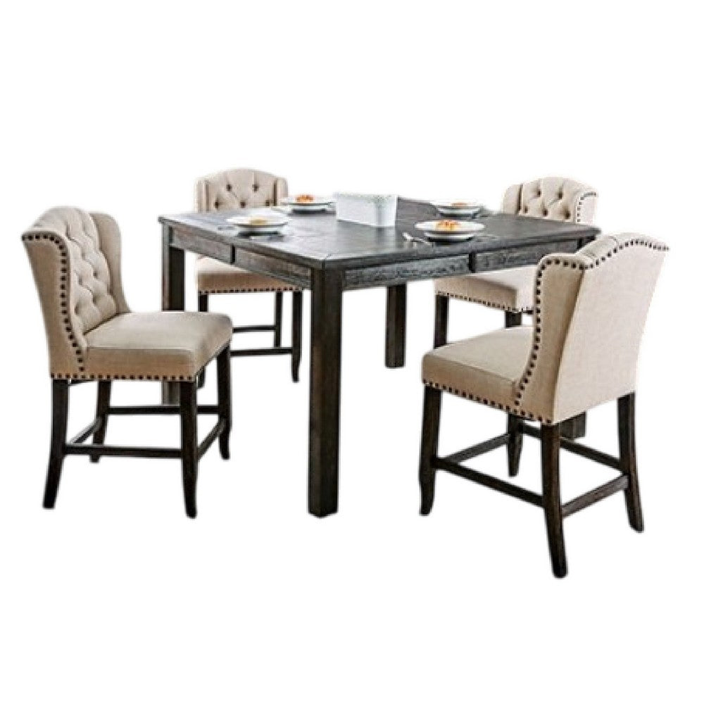 Bega 5pc Counter-Height Table Set | 4 Tufted Nailhead Chairs | Black Wood