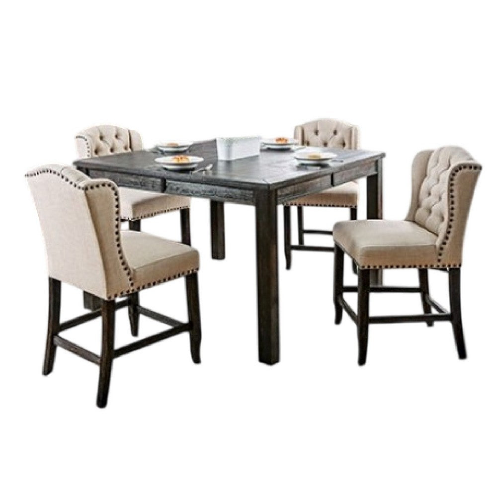 Bega 5pc Counter-Height Table Set | 4 Tufted Nailhead Chairs | Black Wood
