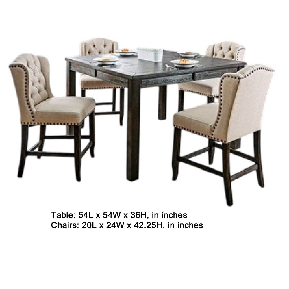 Bega 5pc Counter-Height Table Set | 4 Tufted Nailhead Chairs | Black Wood