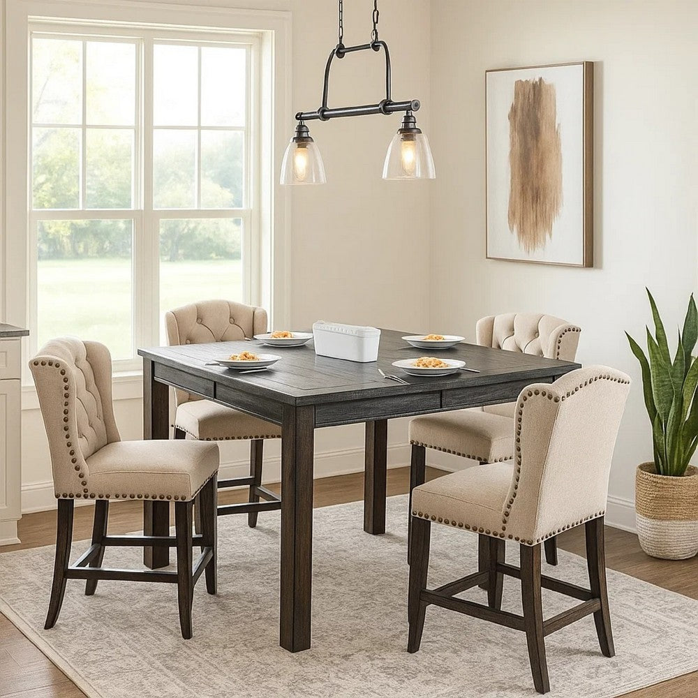 Bega 5pc Counter-Height Table Set | 4 Tufted Nailhead Chairs | Black Wood