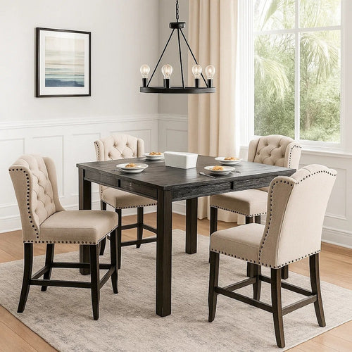Bega 5pc Counter-Height Table Set | 4 Tufted Nailhead Chairs | Black Wood
