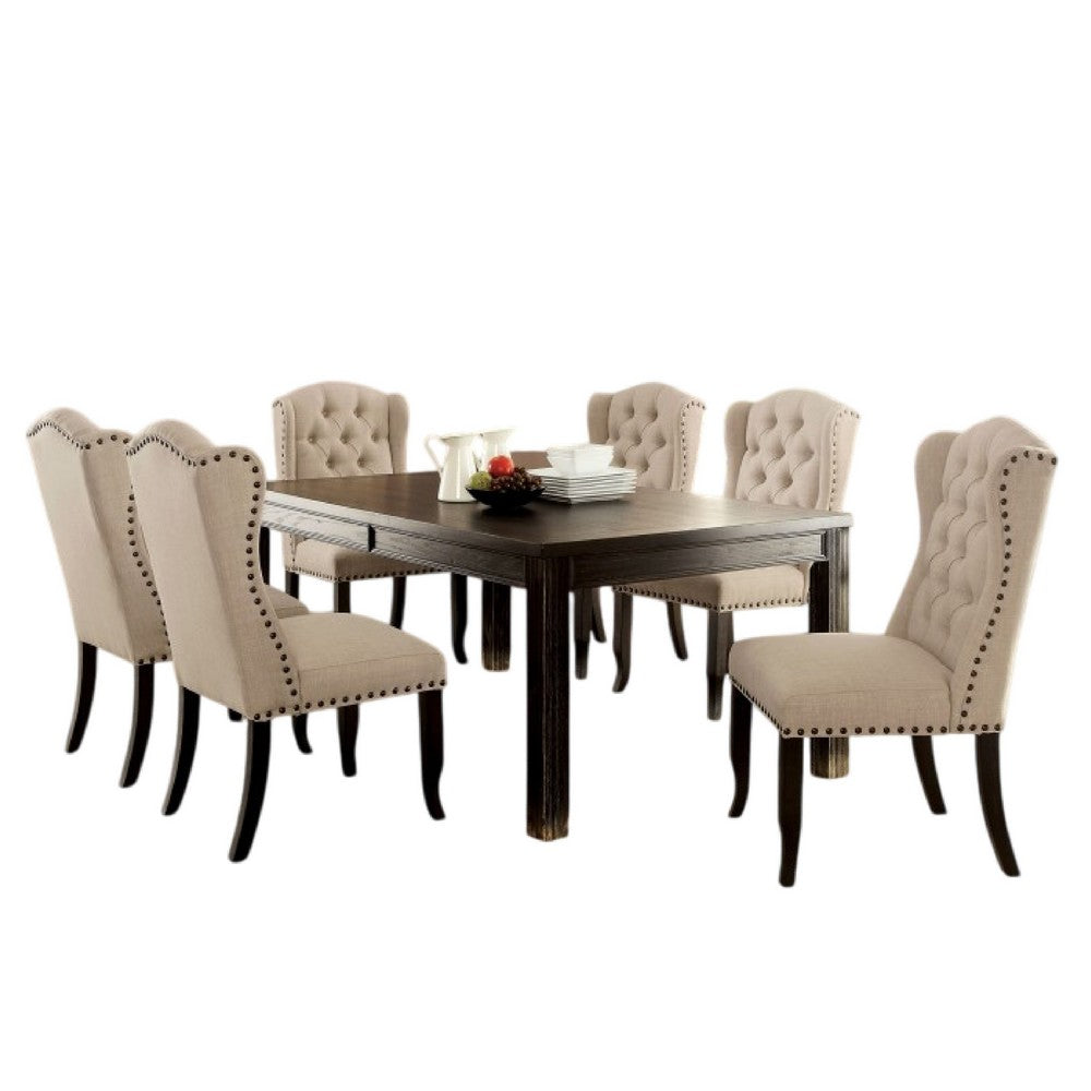 Bega 7pc Counter-Height Table Set | 6 Tufted Nailhead Chairs | Black Wood