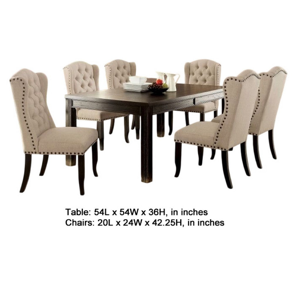 Bega 7pc Counter-Height Table Set | 6 Tufted Nailhead Chairs | Black Wood