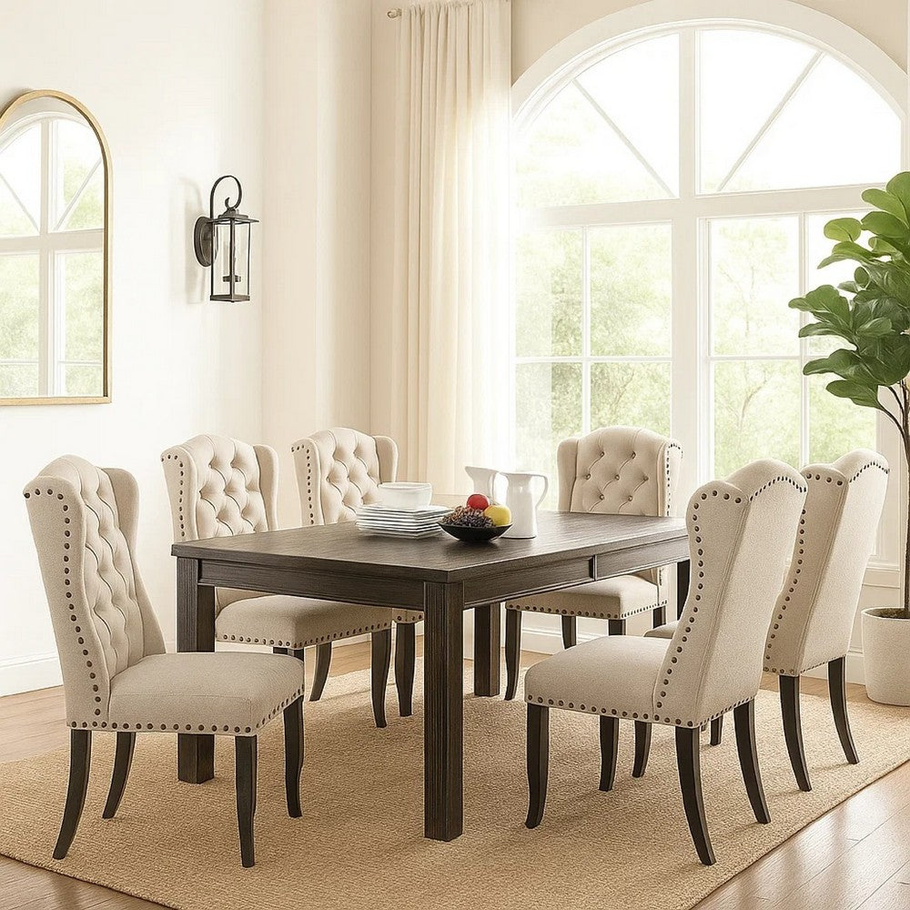 Bega 7pc Counter-Height Table Set | 6 Tufted Nailhead Chairs | Black Wood