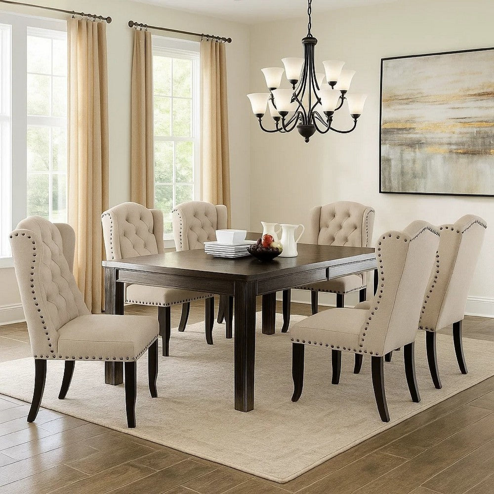 Bega 7pc Counter-Height Table Set | 6 Tufted Nailhead Chairs | Black Wood