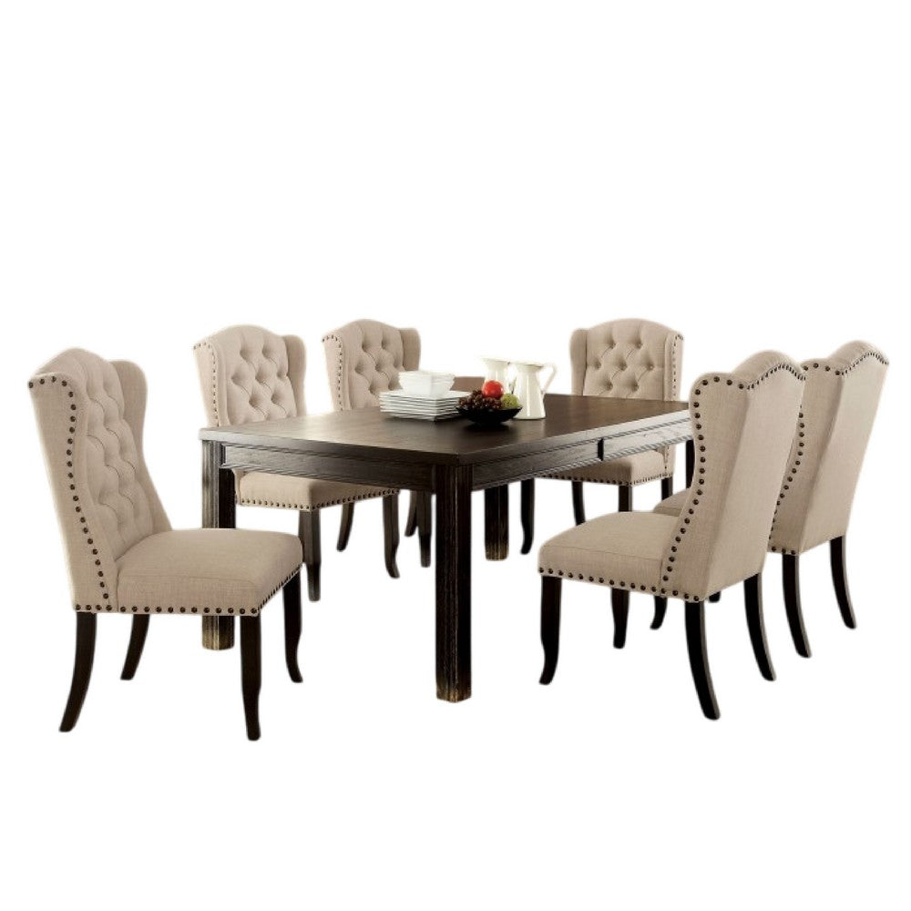 Bega 7pc Dining Table Set | Button Tufted Nailhead Chairs | Black Wood