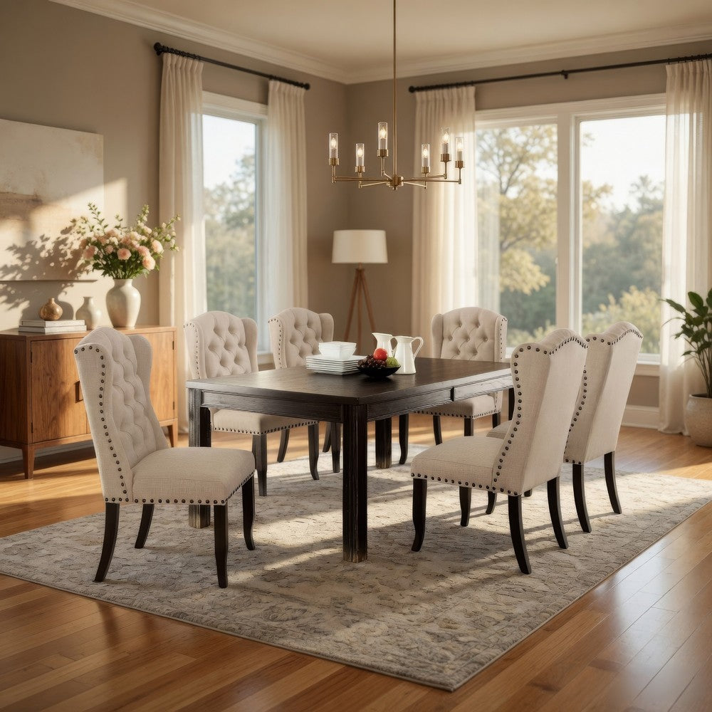 Bega 7pc Dining Table Set | Button Tufted Nailhead Chairs | Black Wood