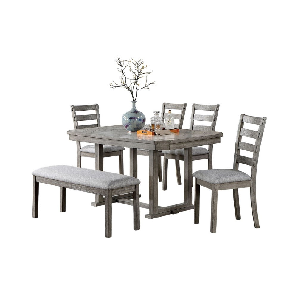 Lais 6pc Dining Table Set w Bench | 4 Ladderback Chairs | Rustic Gray