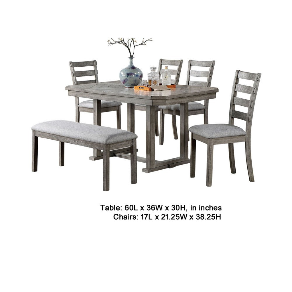 Lais 6pc Dining Table Set w Bench | 4 Ladderback Chairs | Rustic Gray