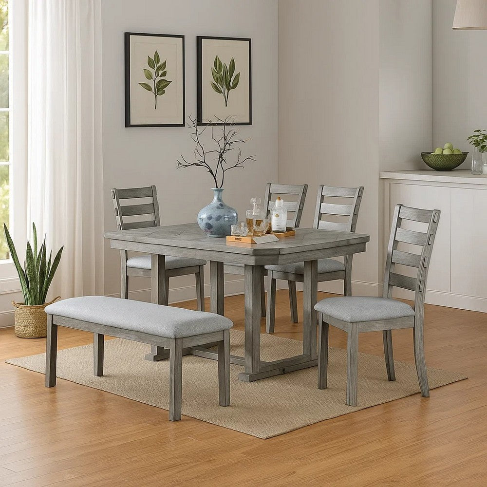 Lais 6pc Dining Table Set w Bench | 4 Ladderback Chairs | Rustic Gray