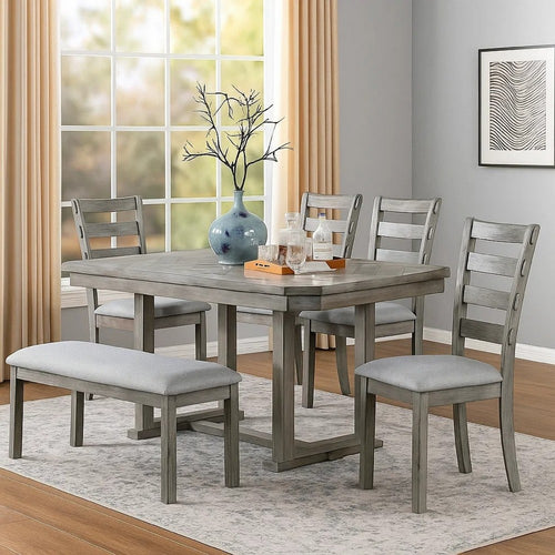 Lais 6pc Dining Table Set w Bench | 4 Ladderback Chairs | Rustic Gray