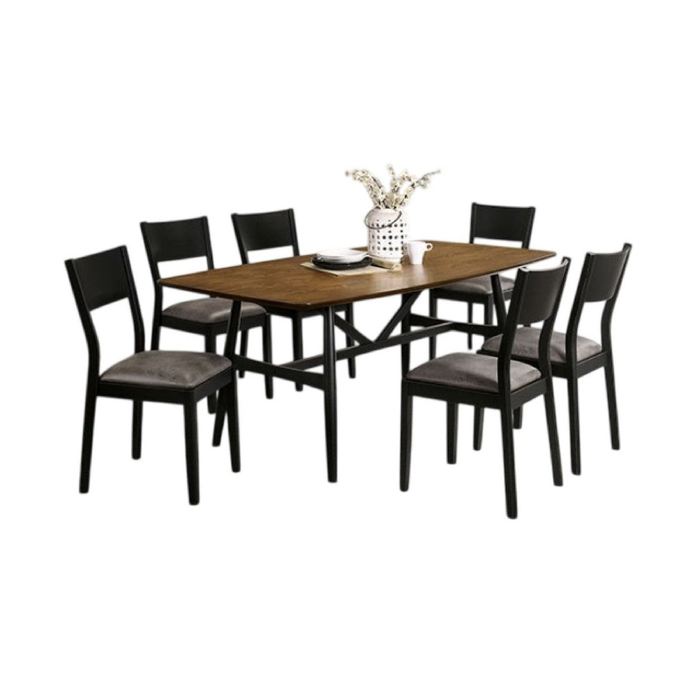 Riera 7pc Dining Table Set w Planked Top | 6 Faux Leather Chairs