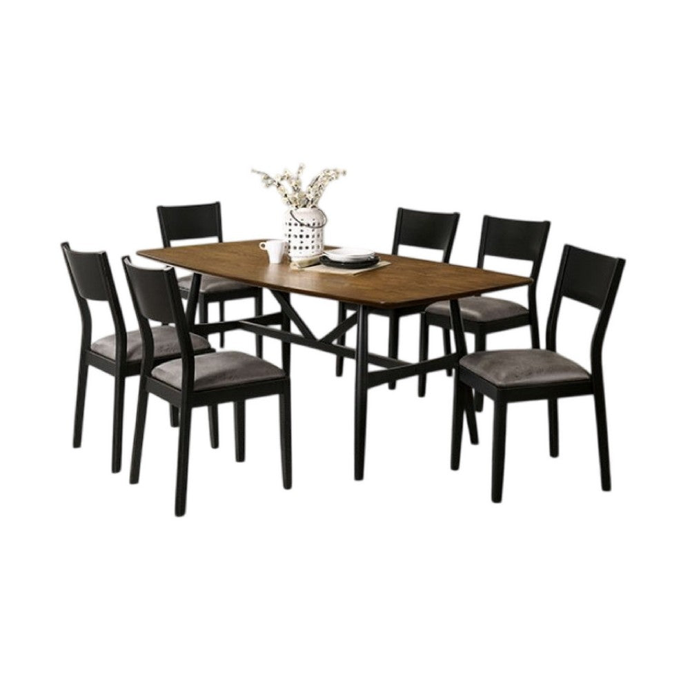 Riera 7pc Dining Table Set w Planked Top | 6 Faux Leather Chairs