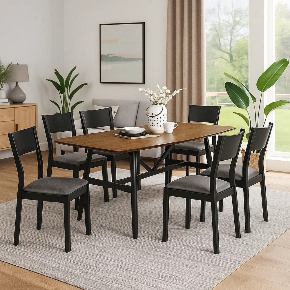 Riera 7pc Dining Table Set w Planked Top | 6 Faux Leather Chairs