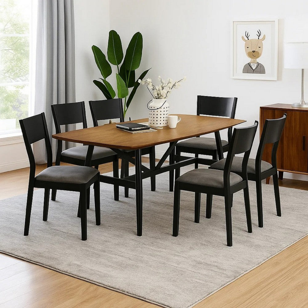 Riera 7pc Dining Table Set w Planked Top | 6 Faux Leather Chairs