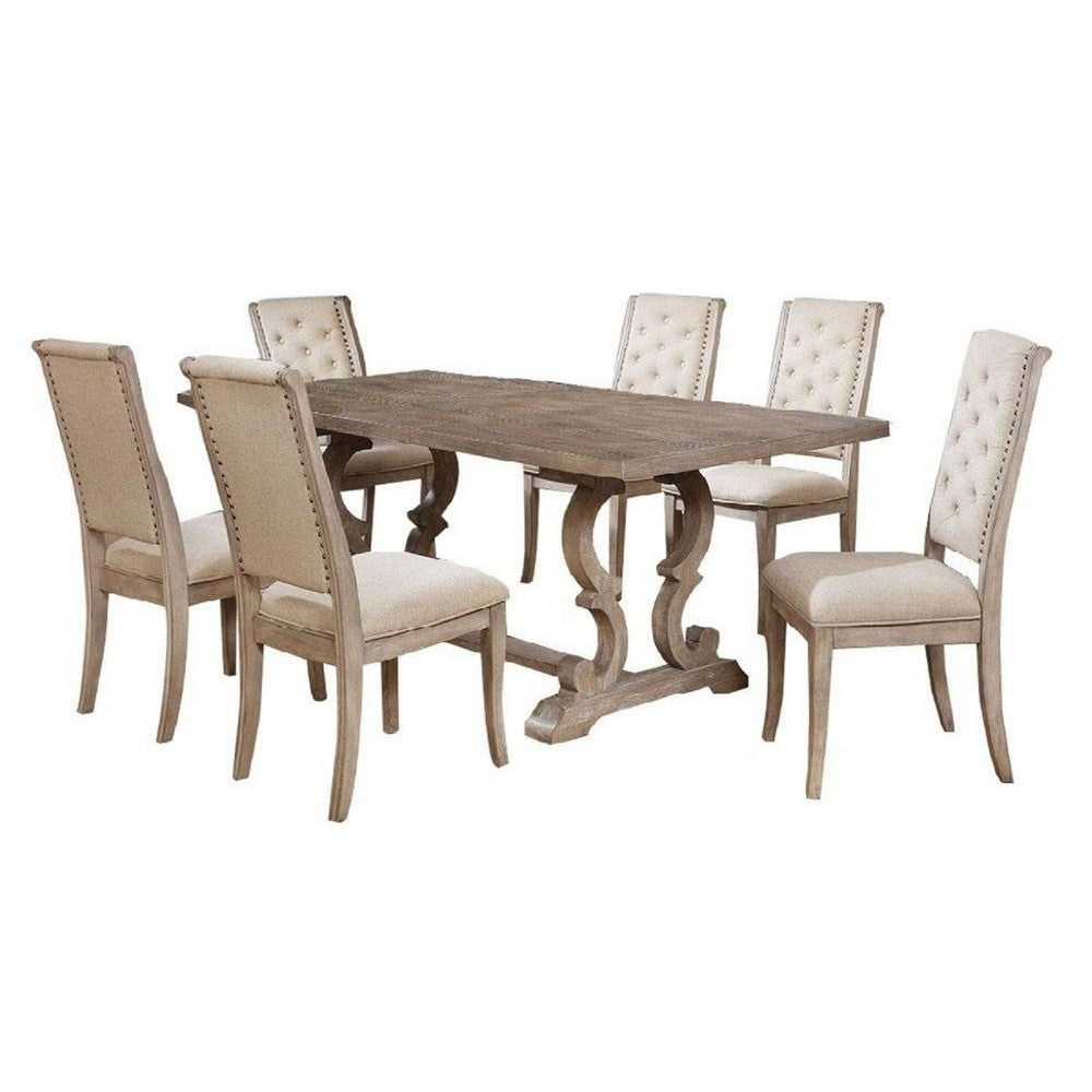Paty 7pc Dining Table Set w Leaf | 6 Beige Button-Tufted Chairs | Gray