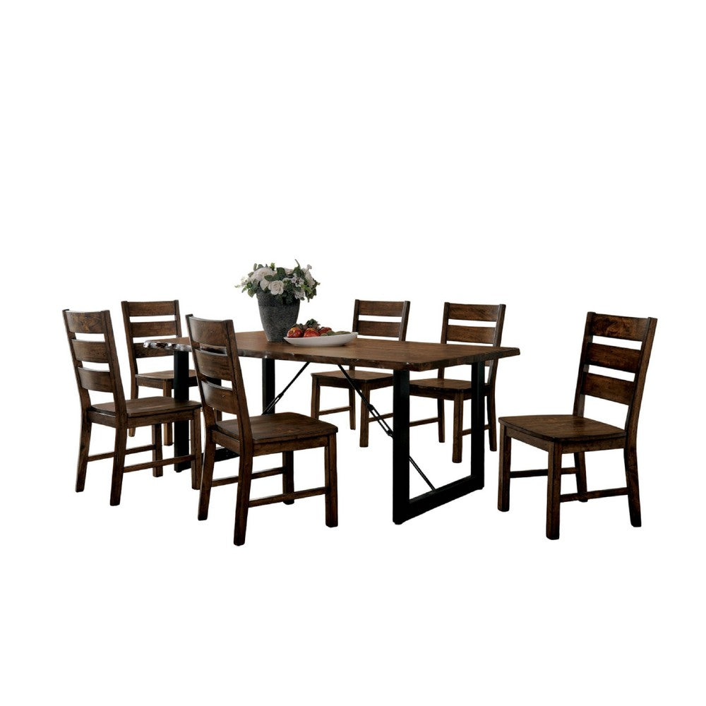 Giga 7pc Dining Table Set w 6 Slat Back Chairs | Walnut-Black Wood