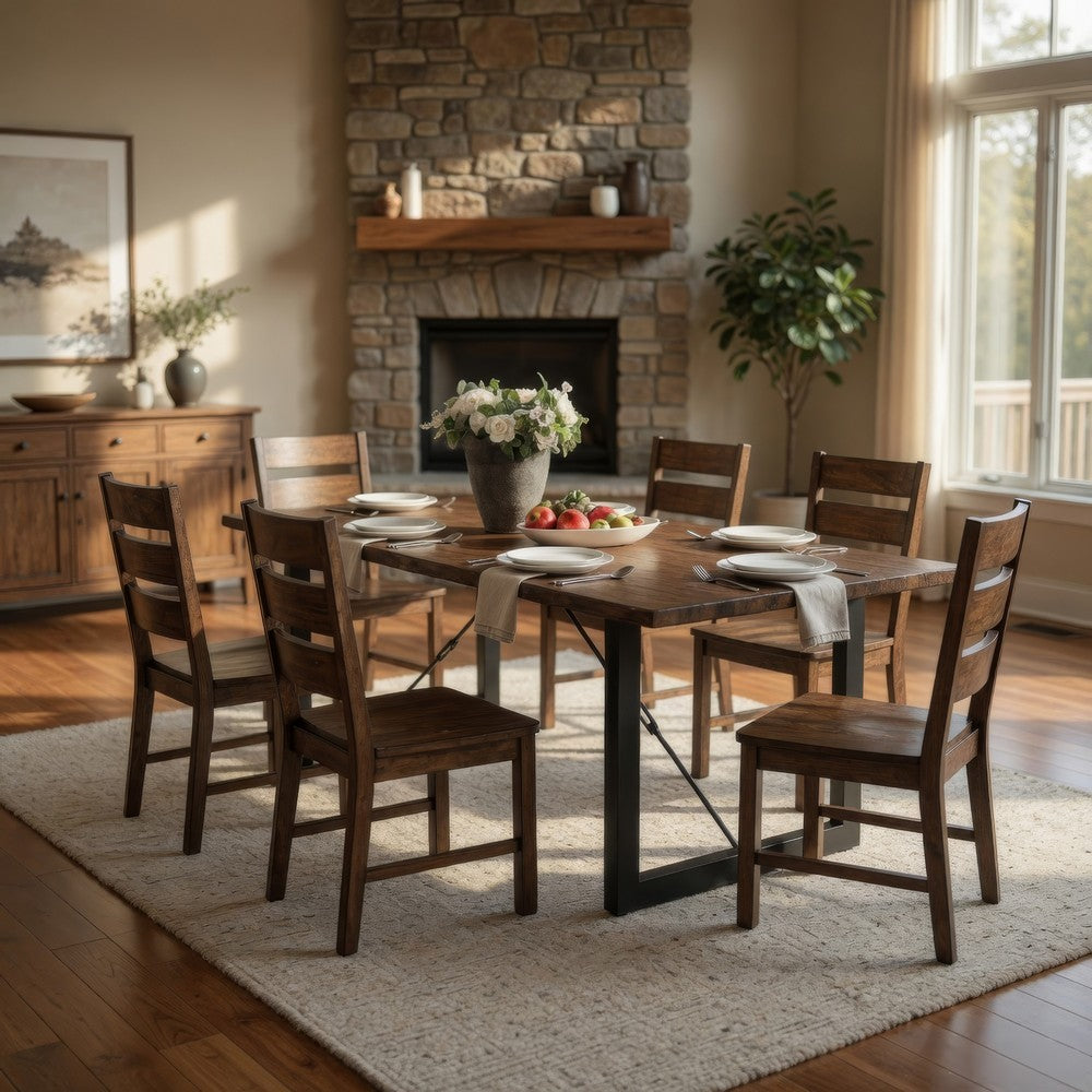 Giga 7pc Dining Table Set w 6 Slat Back Chairs | Walnut-Black Wood