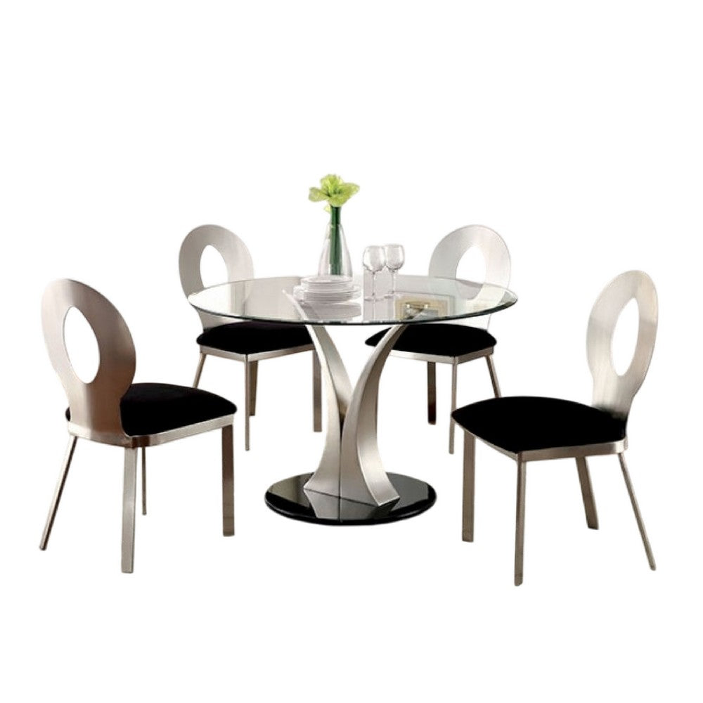 Valie 5pc Dining Set | Round Glass Table | 4 Modern Chairs Silver Black