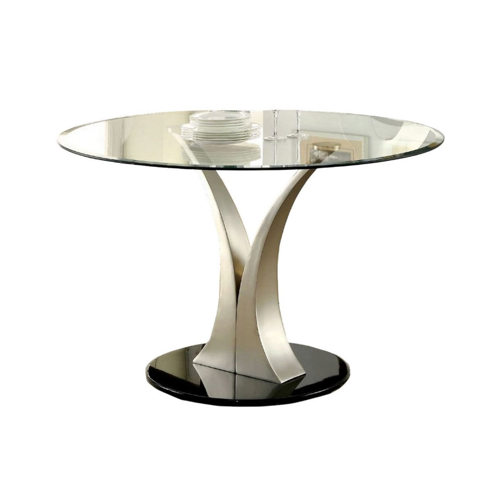 Valie 5pc Dining Set | Round Glass Table | 4 Modern Chairs Silver Black