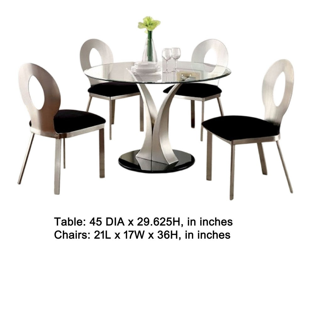 Valie 5pc Dining Set | Round Glass Table | 4 Modern Chairs Silver Black