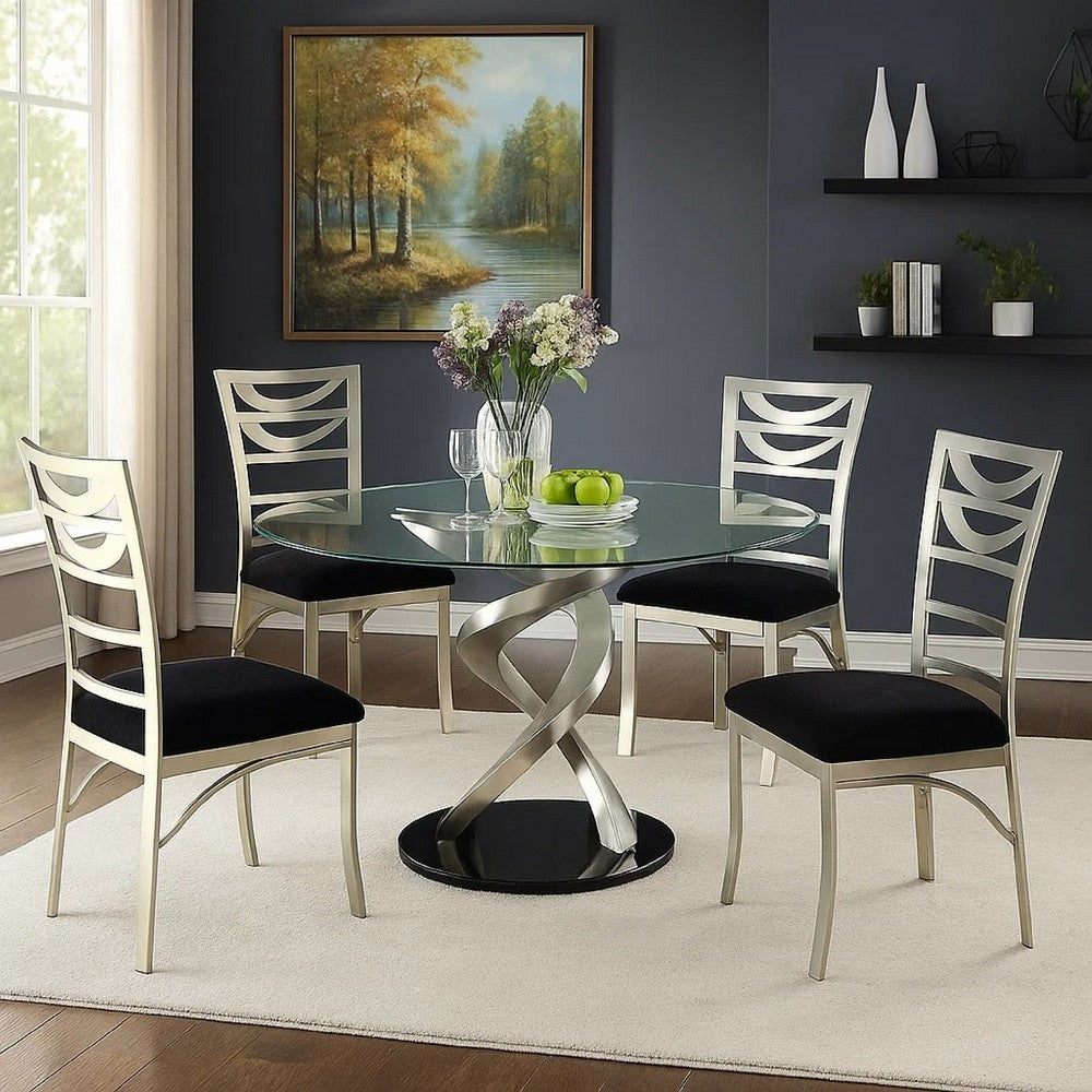 Roxe 5pc Dining Set | Glass Table | 4 Ladderback Chairs | Silver-Black