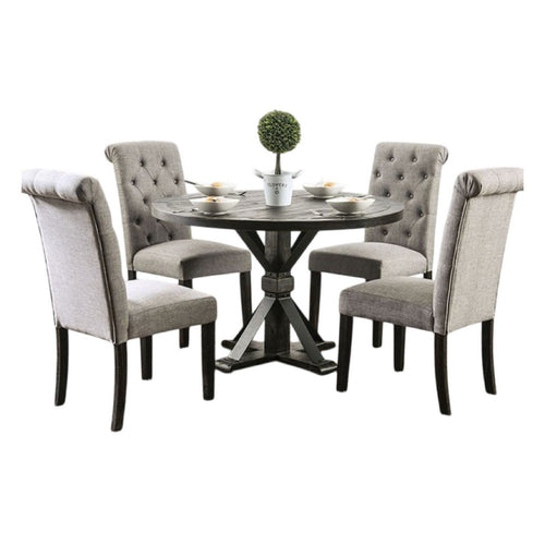 Fredy 5pc Round Dining Table Set | Pedestal | Gray Tufted Fabric Chairs