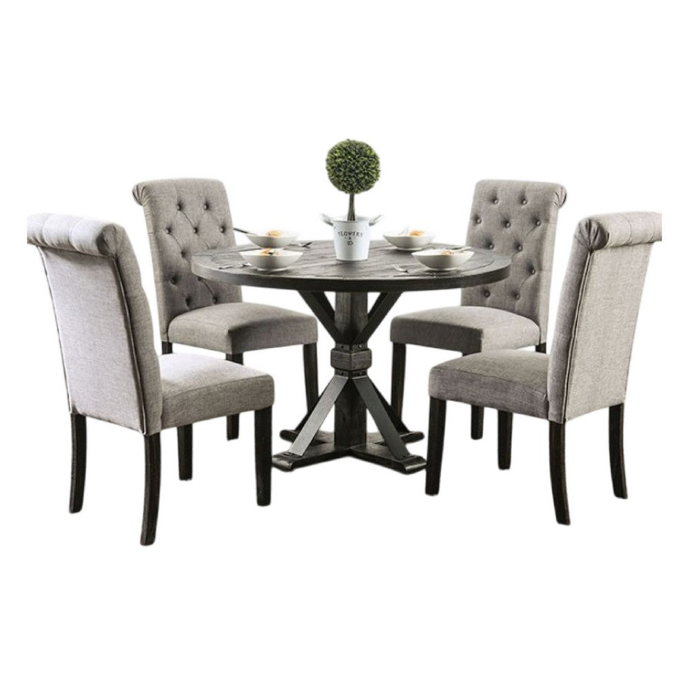 Fredy 5pc Round Dining Table Set | Pedestal | Gray Tufted Fabric Chairs