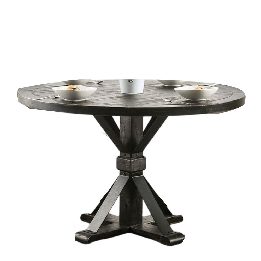 Fredy 5pc Round Dining Table Set | Pedestal | Gray Tufted Fabric Chairs