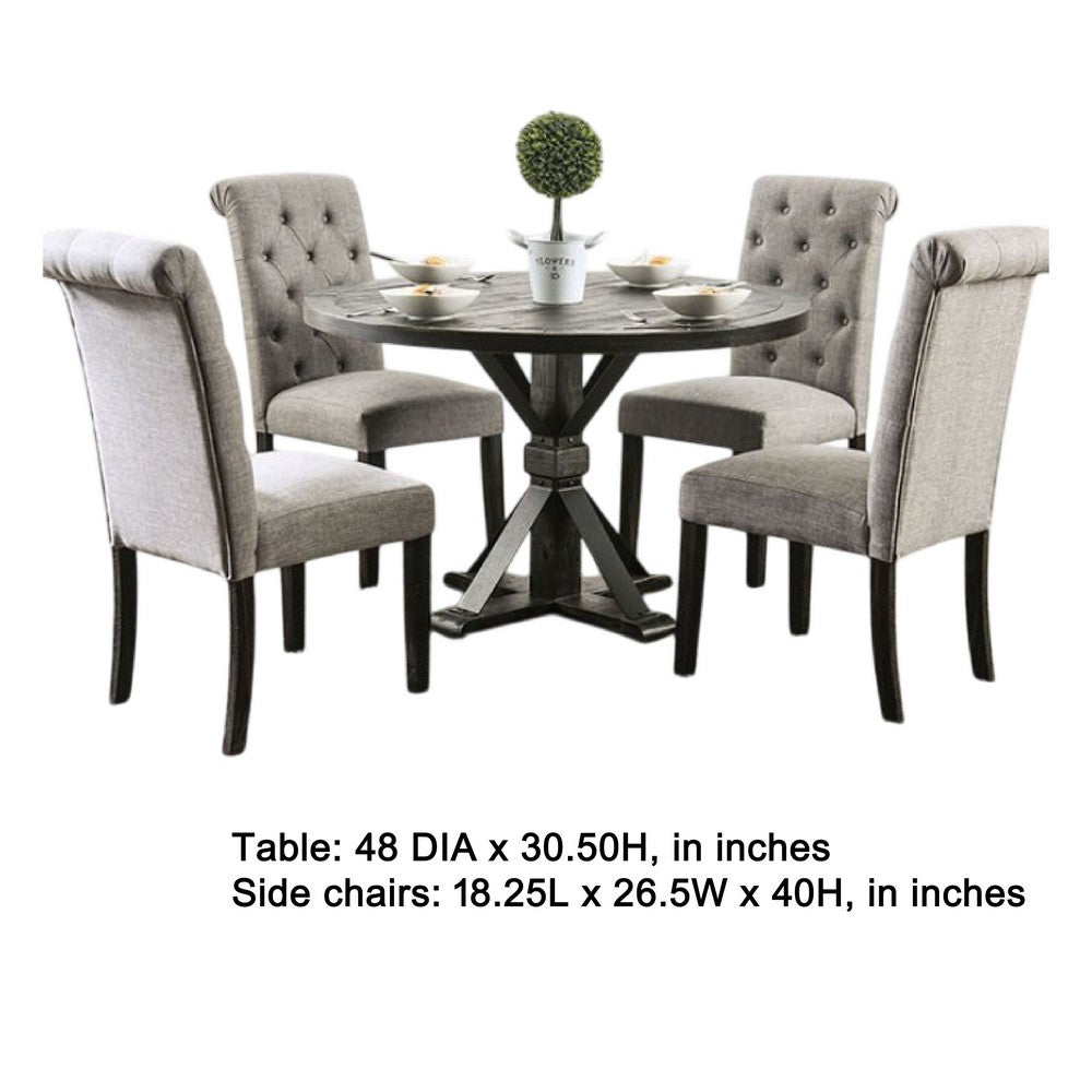 Fredy 5pc Round Dining Table Set | Pedestal | Gray Tufted Fabric Chairs