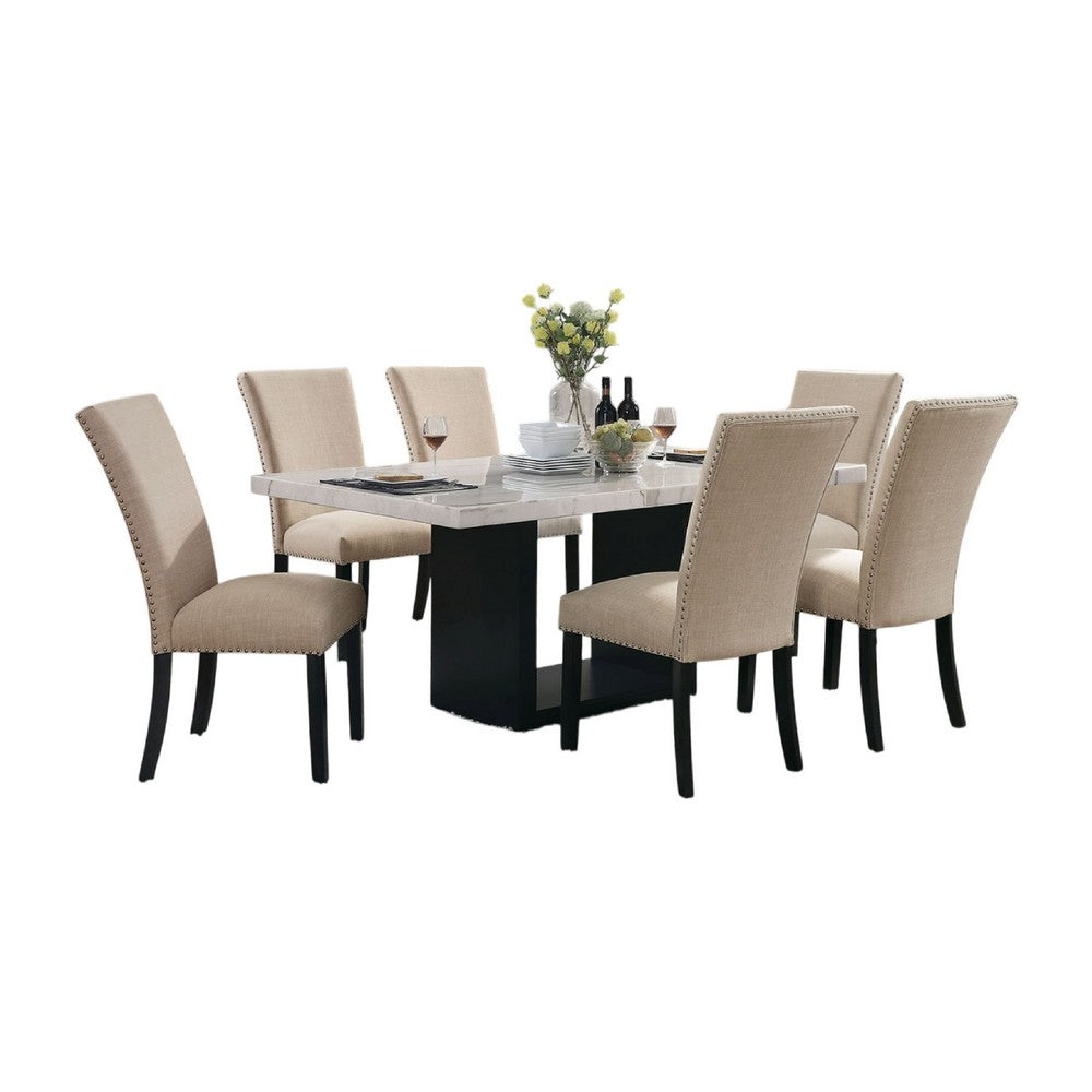 Ronda 7pc Dining Table Set w Marble Top | Beige Fabric Chairs | White