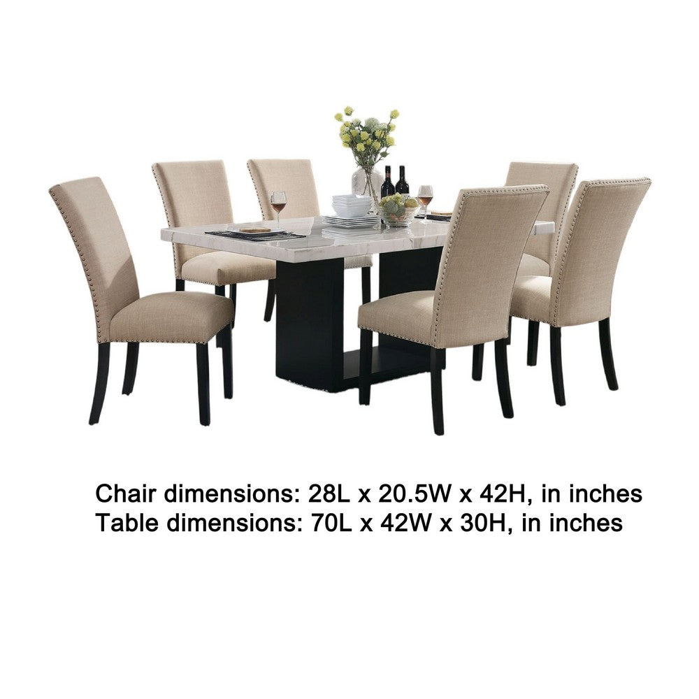 Ronda 7pc Dining Table Set w Marble Top | Beige Fabric Chairs | White