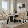 Ronda 7pc Dining Table Set w Marble Top | Beige Fabric Chairs | White