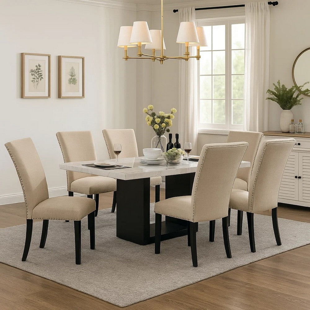 Ronda 7pc Dining Table Set w Marble Top | Beige Fabric Chairs | White